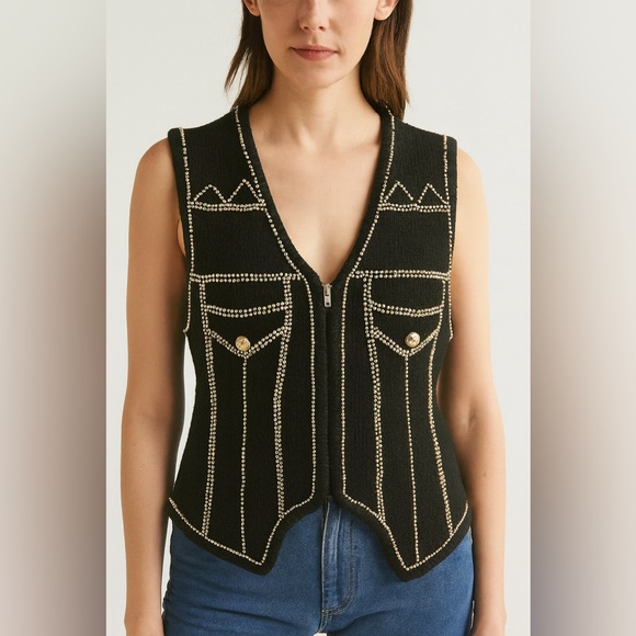lisa ashley Jackets & Blazers - Vintage Lisa Ashley Beaded Vest black & gold Large Cottagecore Grandmacore Women